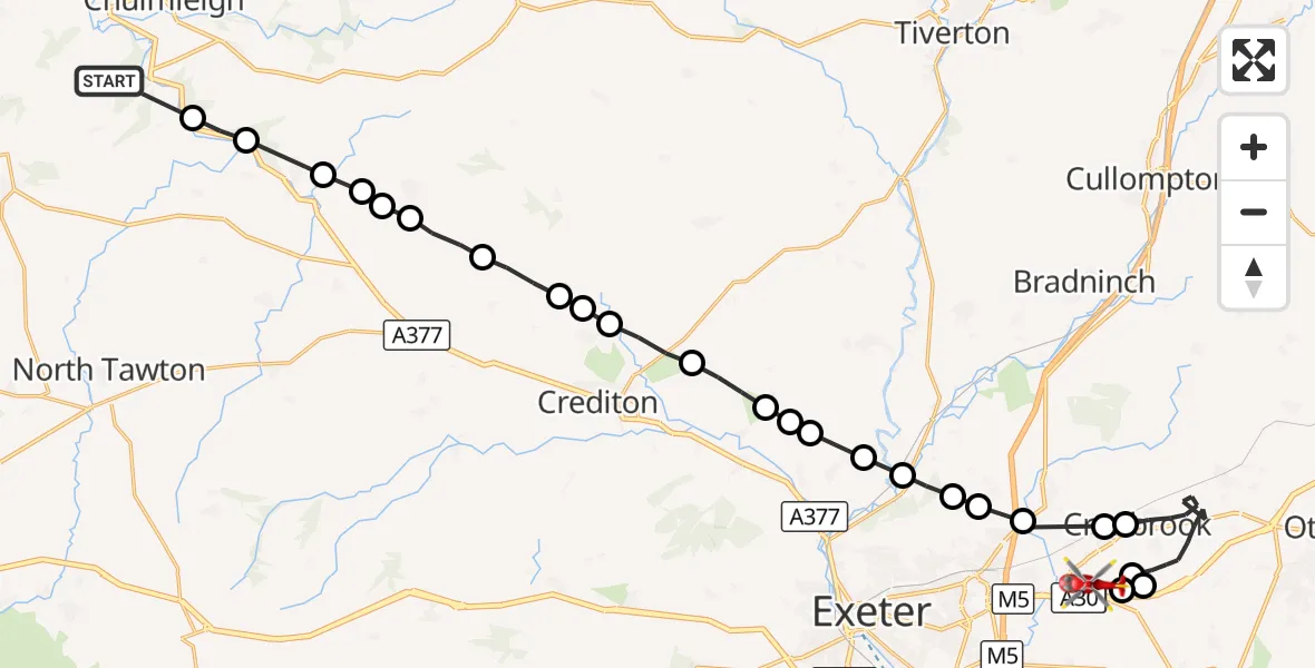 Flight route Air Ambulance Helicopter Wembworthy - Exeter International Airport, 17 September 2026, 10:48