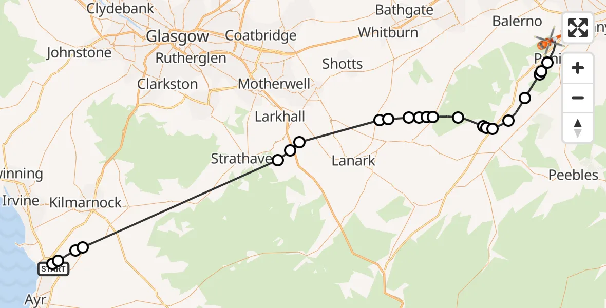 Flight route Coastguard Helicopter Glasgow Prestwick Airport - Penicuik, 17 September 2026, 10:53