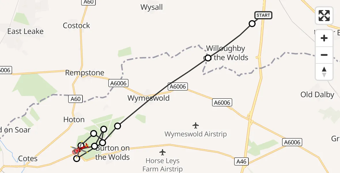 Flight route Air Ambulance Helicopter Nottingham Heliport - Walton on the Wolds, 17 September 2026, 10:57