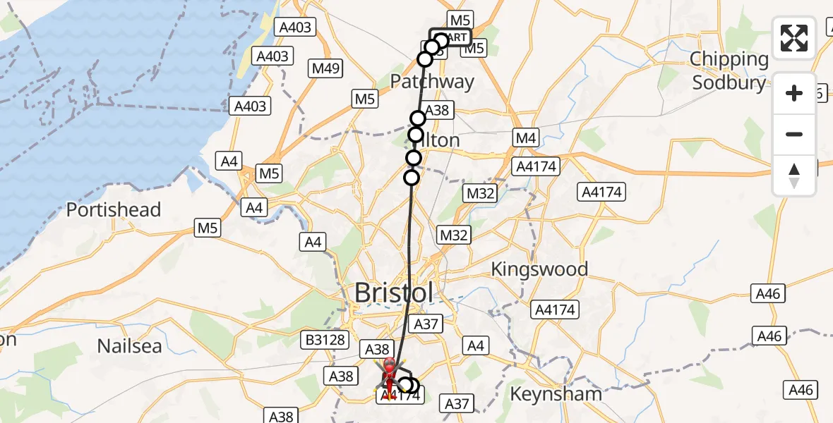 Flight route Air Ambulance Helicopter Almondsbury Helicopter Base - Bristol, 17 September 2026, 11:03