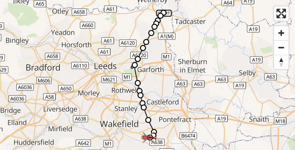 Flight route Air Ambulance Helicopter Wetherby - YAA Nostell Helicopter Port, 17 September 2026, 11:26
