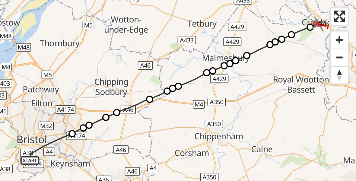 Flight route Air Ambulance Helicopter Bristol - Cricklade, 17 September 2026, 11:32
