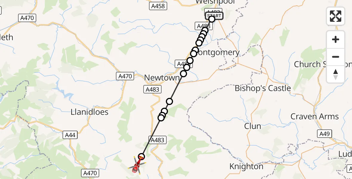 Flight route Air Ambulance Helicopter Welshpool Airport - Abbey Cwmhir, 17 September 2026, 11:55