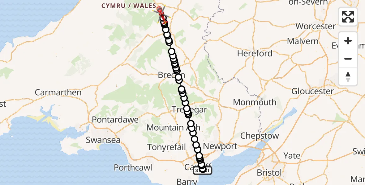 Flight route Air Ambulance Helicopter Cardiff Heliport - Llanwrthwl, 17 September 2026, 11:59