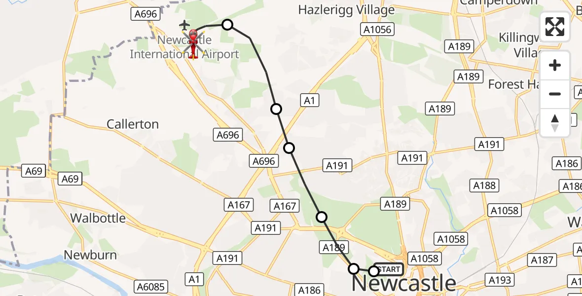 Flight route Air Ambulance Helicopter Newcastle Royal Victoria Infirmary - Newcastle International Airport, 17 September 2026, 12:01