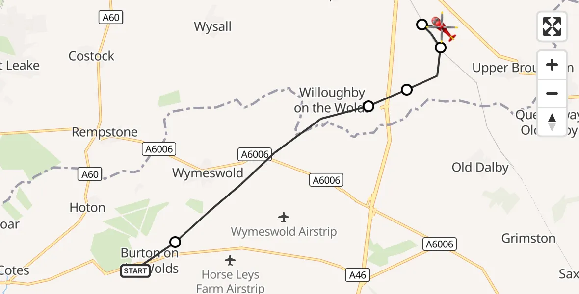 Flight route Air Ambulance Helicopter Burton on the Wolds - Hickling, 17 September 2026, 12:04