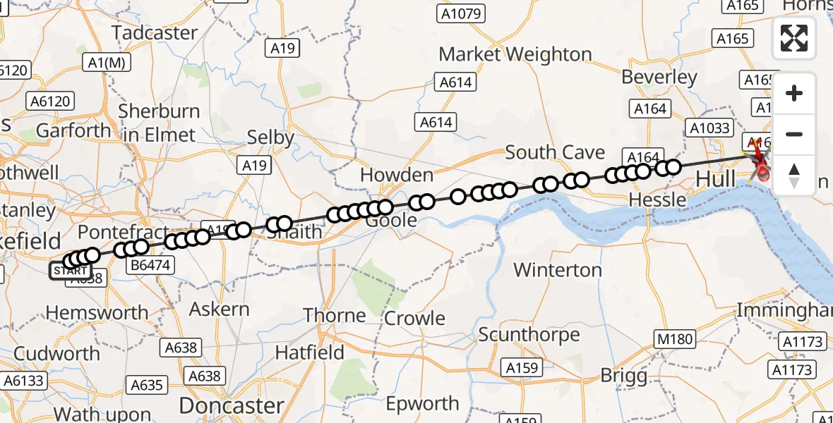 Flight route Air Ambulance Helicopter YAA Nostell Helicopter Port - Hull, 17 September 2026, 12:16