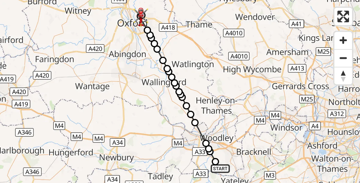 Flight route Air Ambulance Helicopter Arborfield Green - Oxford, 17 September 2026, 12:17