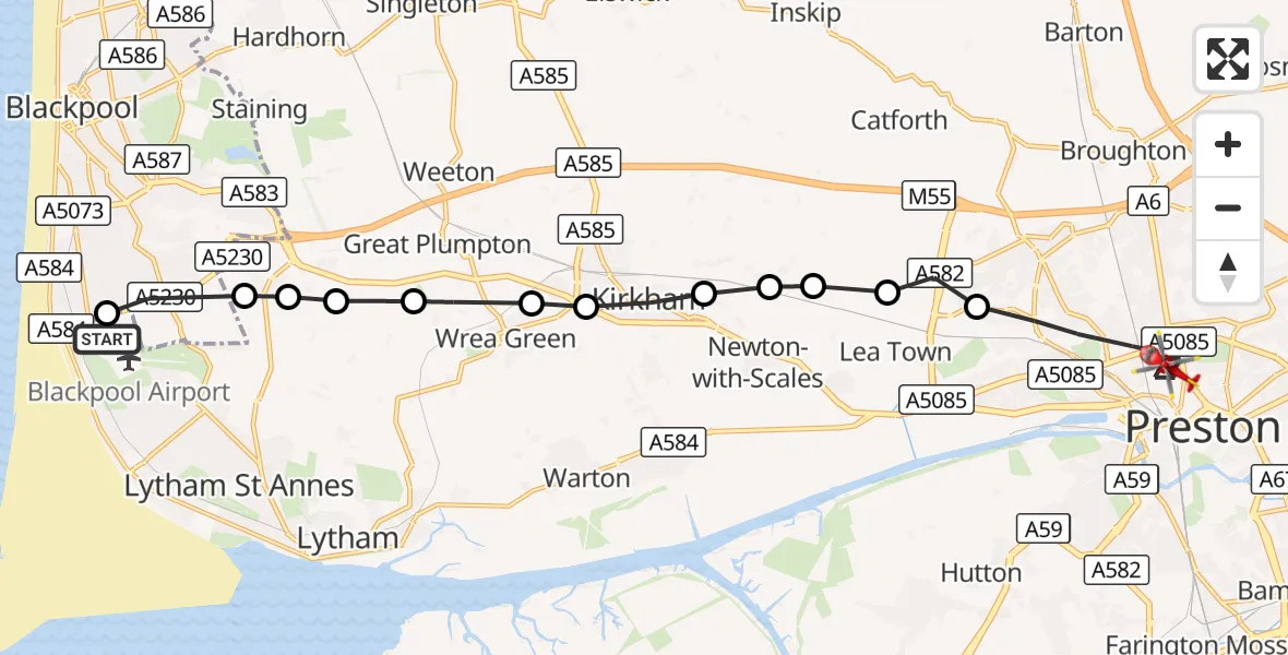Flight route Air Ambulance Helicopter Blackpool Airport - Preston, 17 September 2026, 12:25