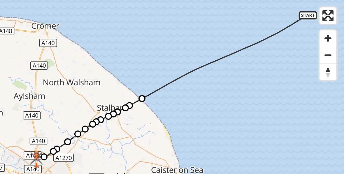 Flight route Coastguard Helicopter North Sea - Norwich Airport, 17 September 2026, 12:27