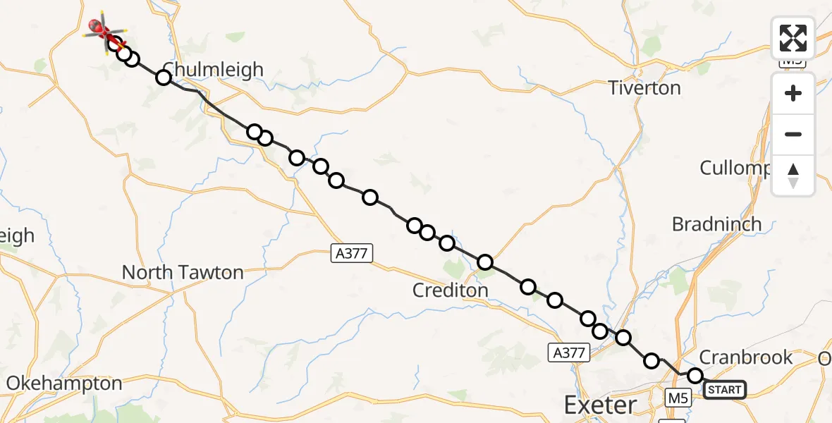 Flight route Air Ambulance Helicopter Exeter International Airport - Burrington, 17 September 2026, 12:30
