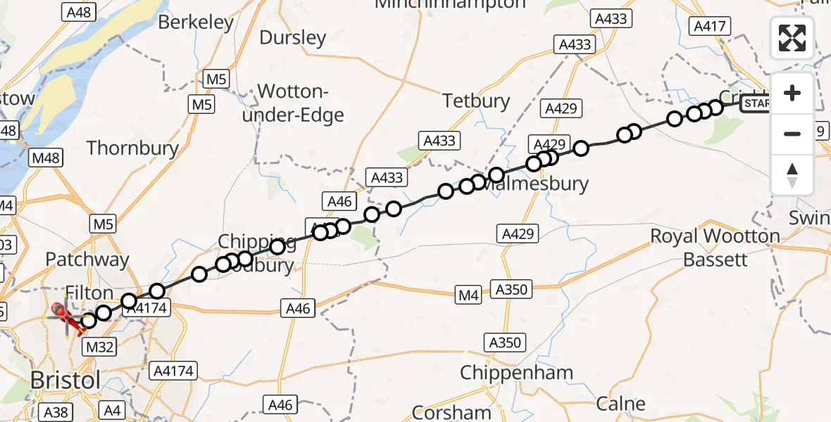 Flight route Air Ambulance Helicopter Cricklade - Bristol, 17 September 2026, 12:55