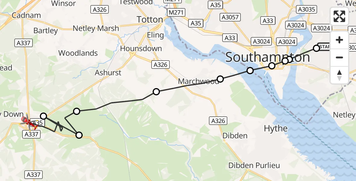 Flight route Air Ambulance Helicopter Merry Oak - Lyndhurst, 17 September 2026, 12:58