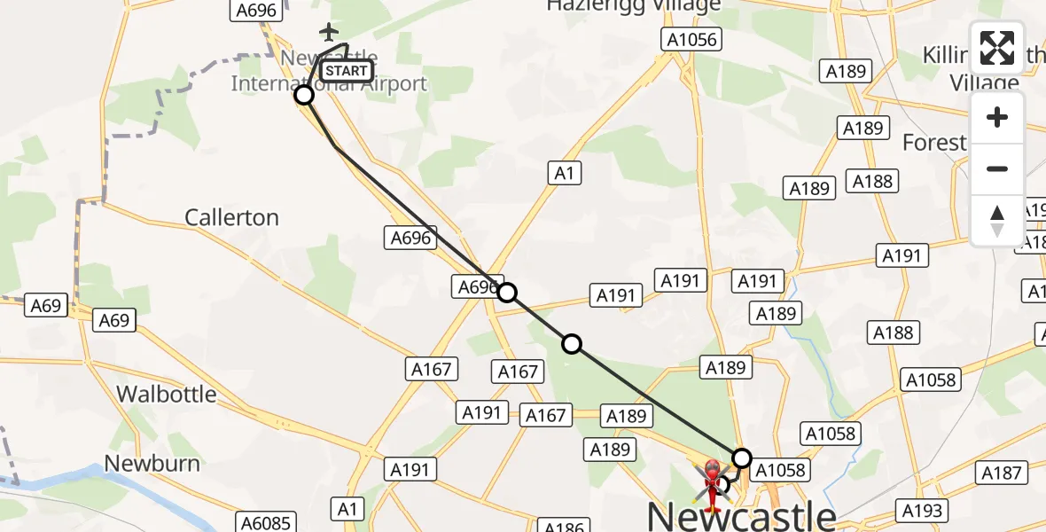Flight route Air Ambulance Helicopter Newcastle International Airport - Newcastle Royal Victoria Infirmary, 17 September 2026, 13:04