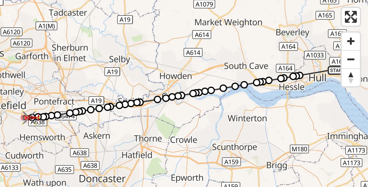 Flight route Air Ambulance Helicopter Hull - YAA Nostell Helicopter Port, 17 September 2026, 13:18