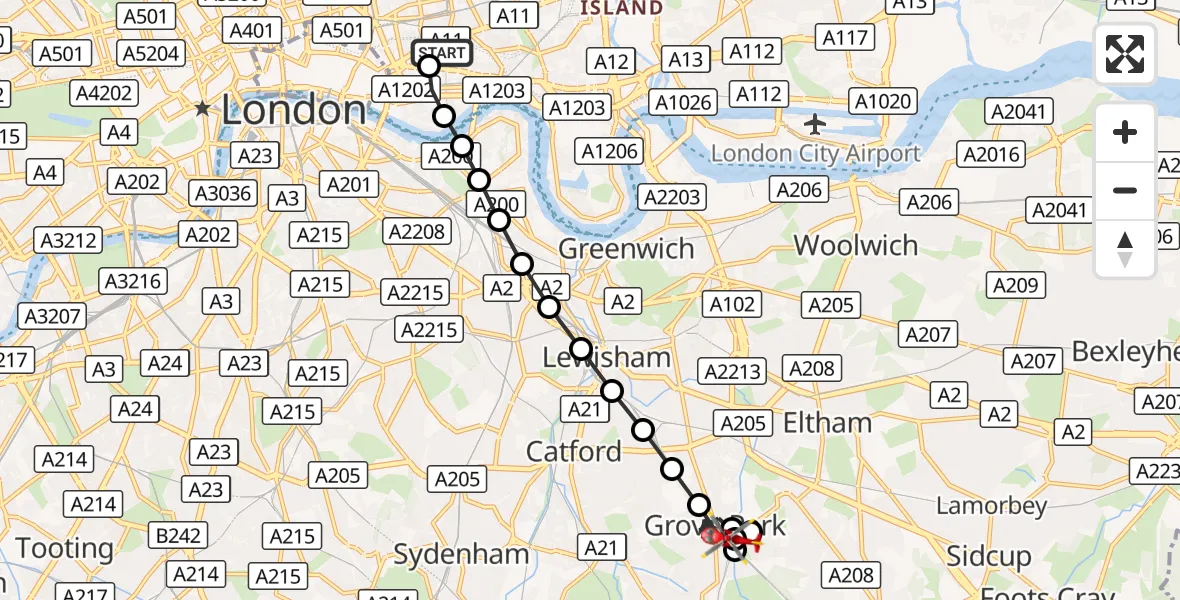Flight route Air Ambulance Helicopter Royal London Hospital - Downham, 17 September 2026, 13:27