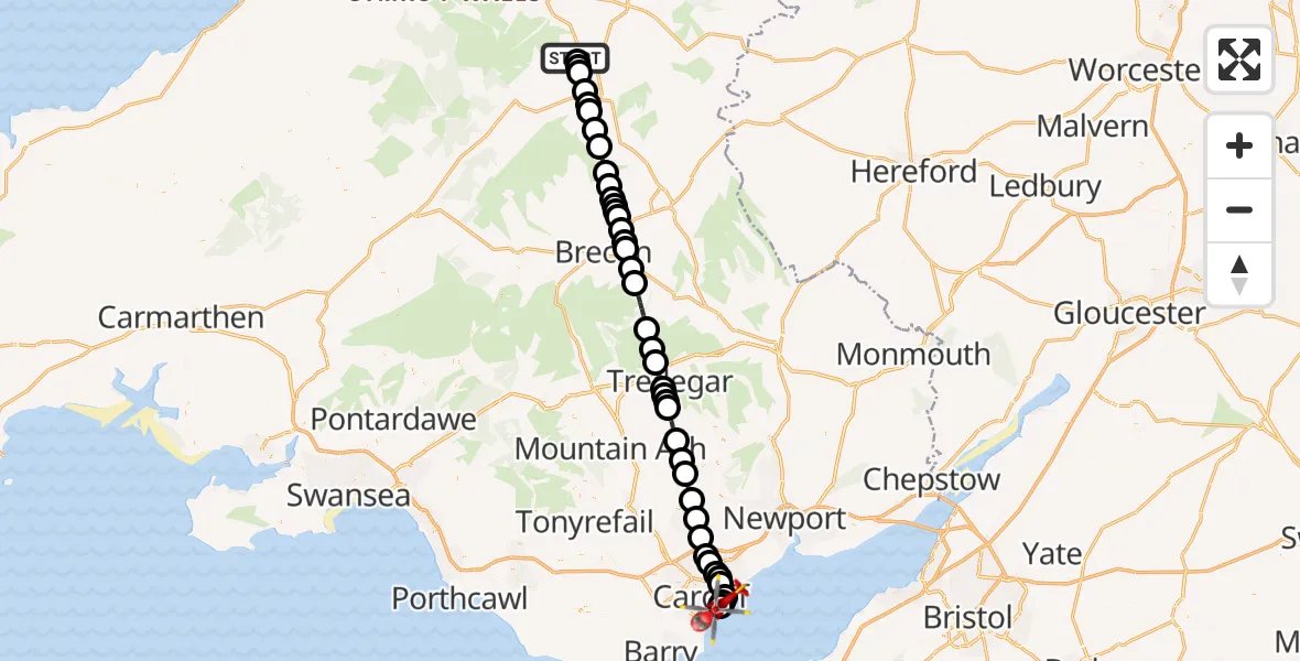 Flight route Air Ambulance Helicopter Newbridge on Wye - Cardiff Heliport, 17 September 2026, 13:32