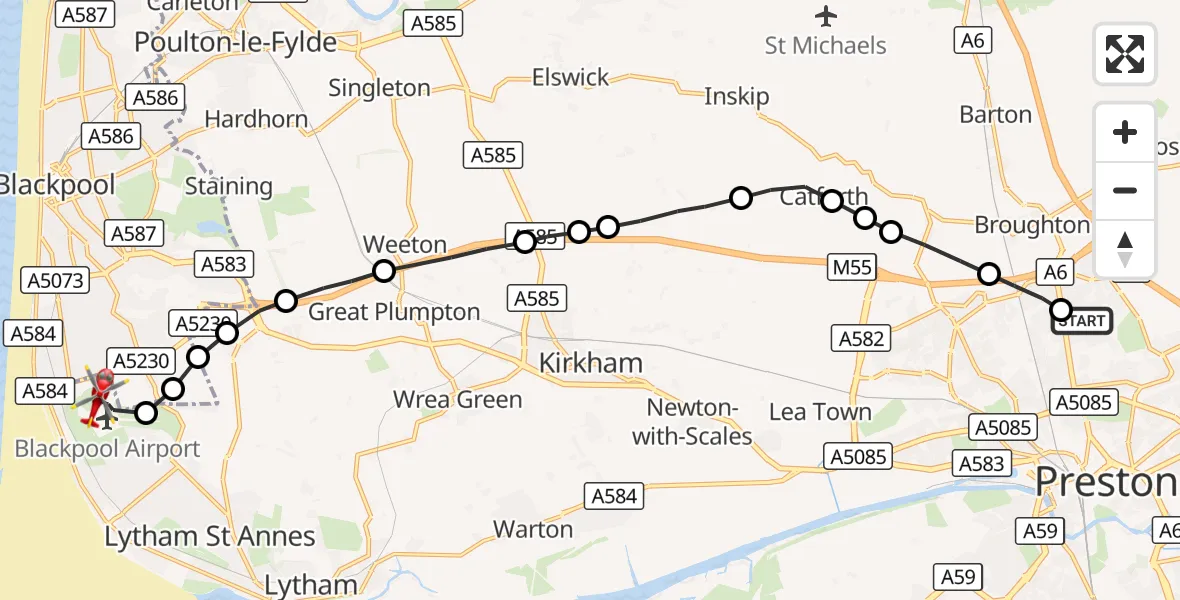 Flight route Air Ambulance Helicopter Royal Preston - Blackpool Airport, 17 September 2026, 13:33