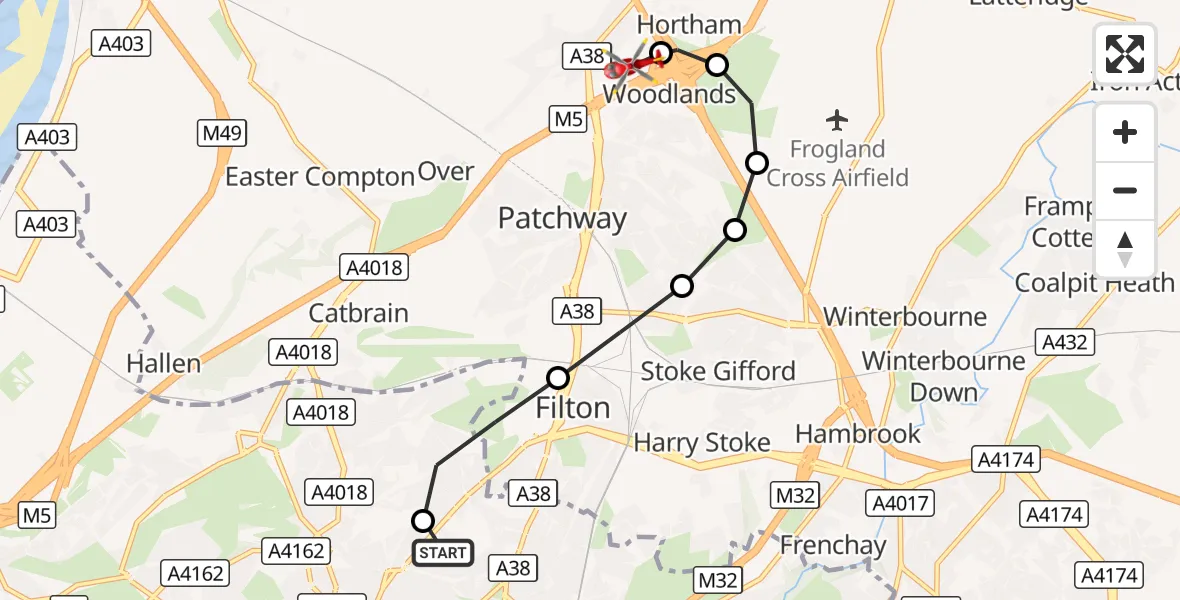 Flight route Air Ambulance Helicopter Southmead Hospital - Almondsbury Helicopter Base, 17 September 2026, 13:40