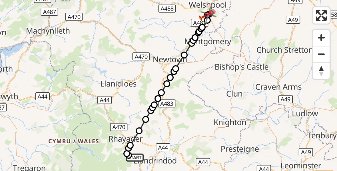 Flight route Air Ambulance Helicopter Newbridge on Wye - Welshpool Airport, 17 September 2026, 13:43