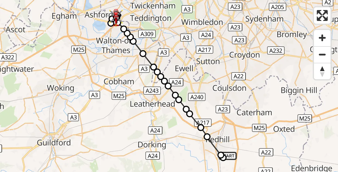 Flight route Air Ambulance Helicopter Redhill Aerodrome - Kempton Park, 17 September 2026, 13:44
