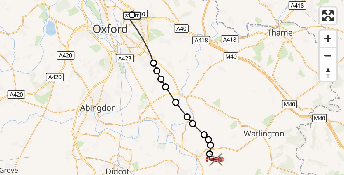 Flight route Air Ambulance Helicopter John Radcliffe Hospital - RAF Benson, 17 September 2026, 13:48