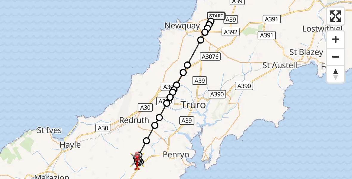 Flight route Air Ambulance Helicopter Cornwall Airport Newquay - Porkellis, 17 September 2026, 13:52