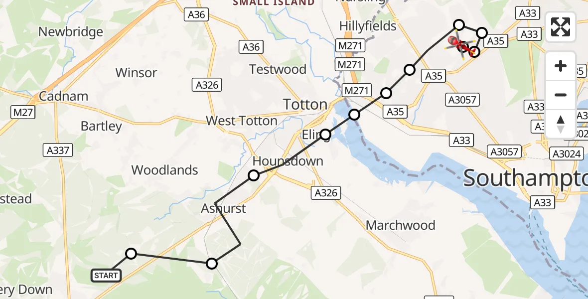 Flight route Air Ambulance Helicopter Lyndhurst - University Hospital Southampton, 17 September 2026, 13:53
