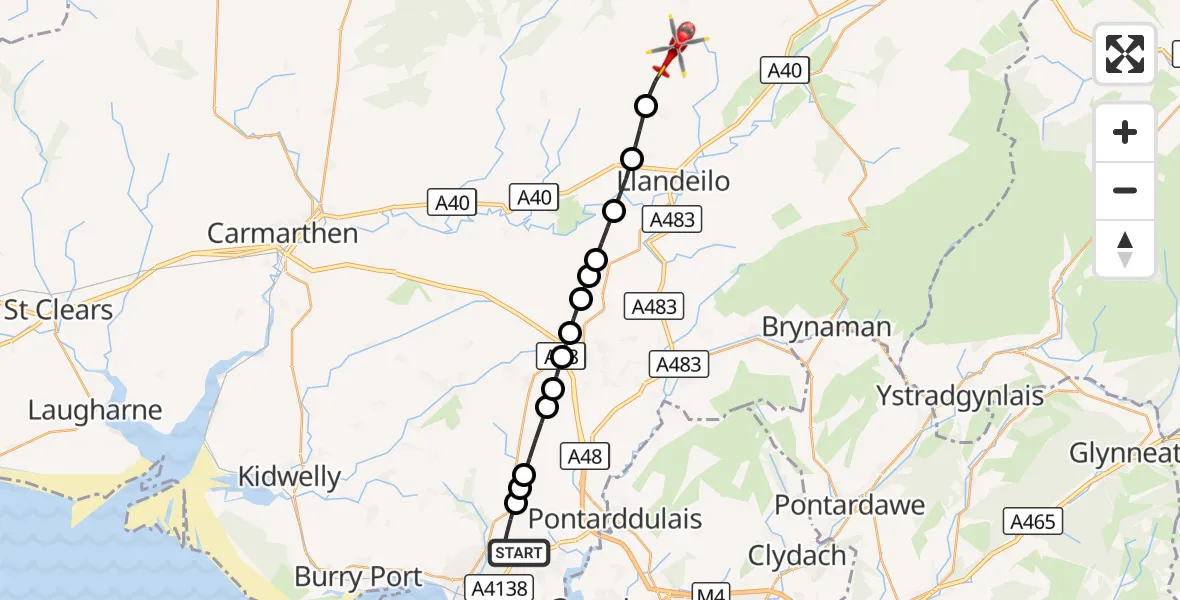 Flight route Air Ambulance Helicopter Dafen - Halfway, 17 September 2026, 13:55