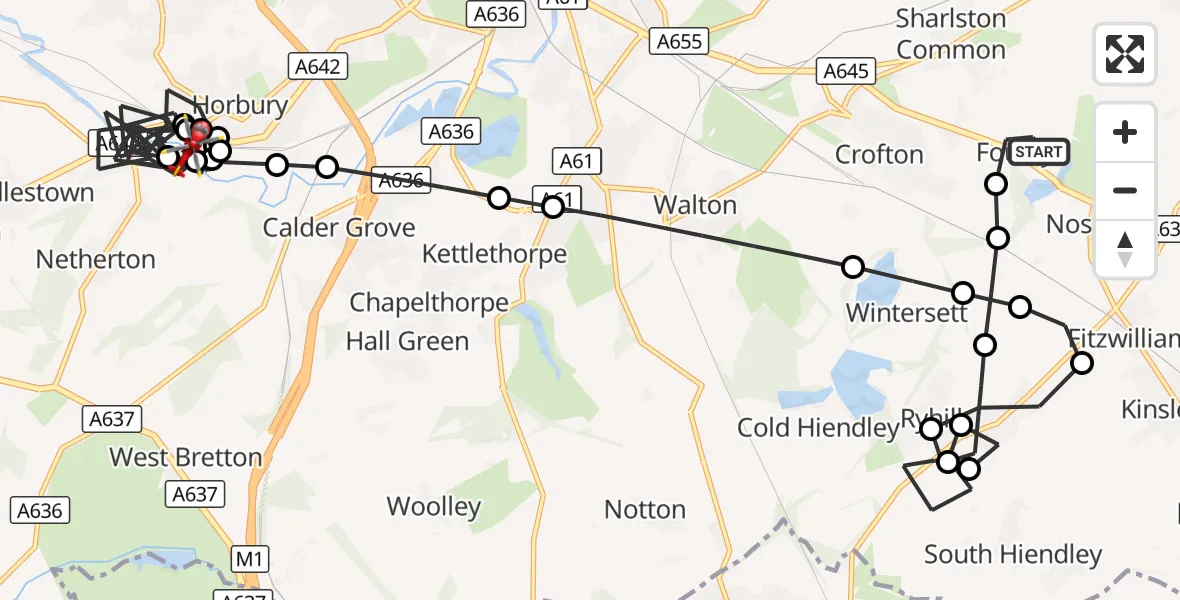 Flight route Air Ambulance Helicopter YAA Nostell Helicopter Port - Horbury Bridge, 17 September 2026, 14:06