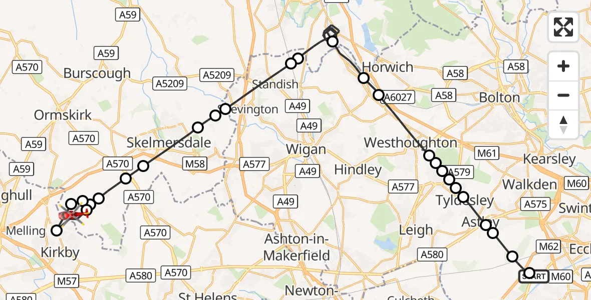 Flight route Air Ambulance Helicopter Manchester Barton Aerodrome - Simonswood, 17 September 2026, 14:10