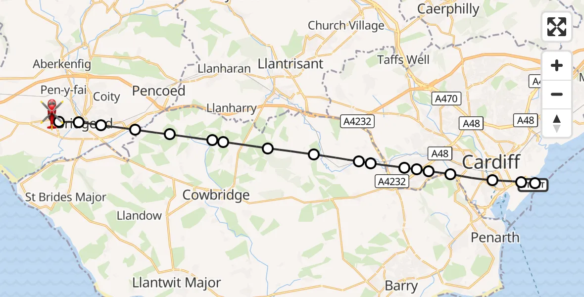 Flight route Air Ambulance Helicopter Cardiff Heliport - Bryntirion, 17 September 2026, 14:26