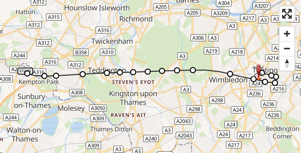 Flight route Air Ambulance Helicopter Kempton Park - St Georges Hospital, 17 September 2026, 14:27