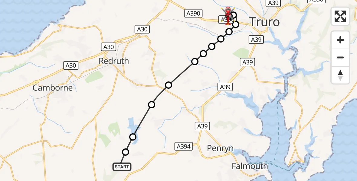 Flight route Air Ambulance Helicopter Porkellis - Treliske Hospital, 17 September 2026, 14:46