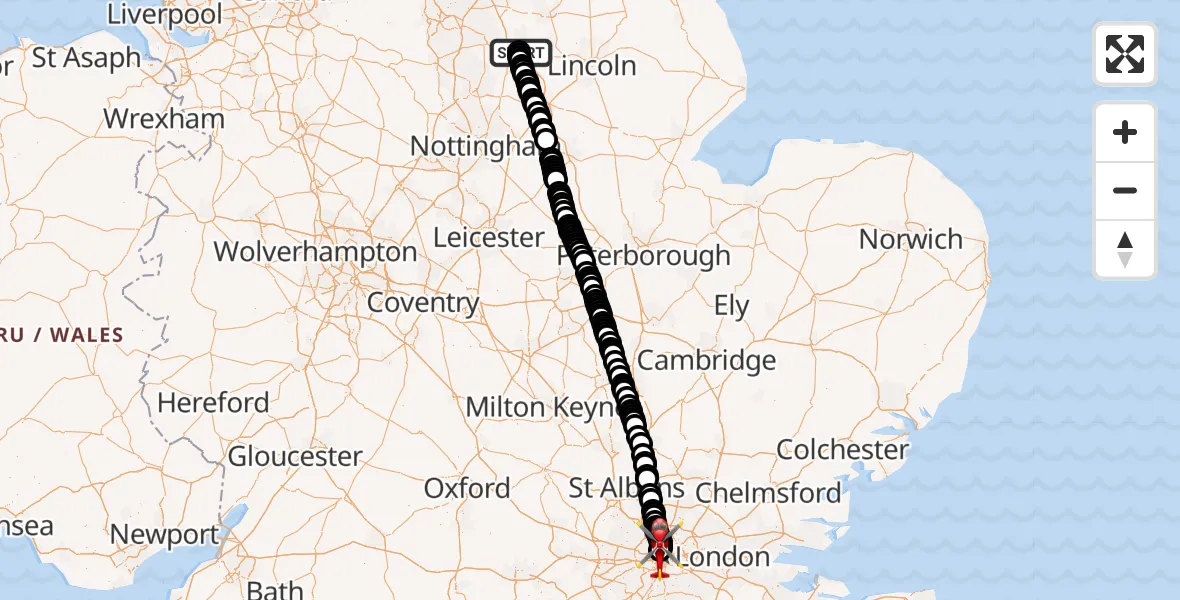 Flight route Air Ambulance Helicopter Retford Gamston Airport - Fitzrovia, 17 September 2026, 14:48