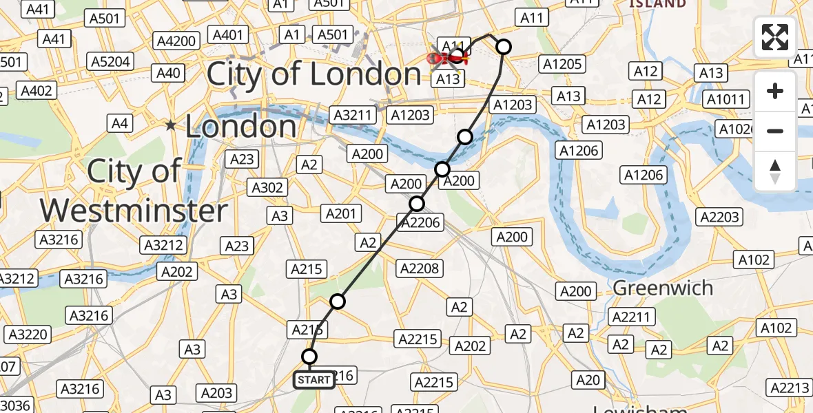 Flight route Air Ambulance Helicopter Kings College London Hospital - Royal London Hospital, 17 September 2026, 15:00