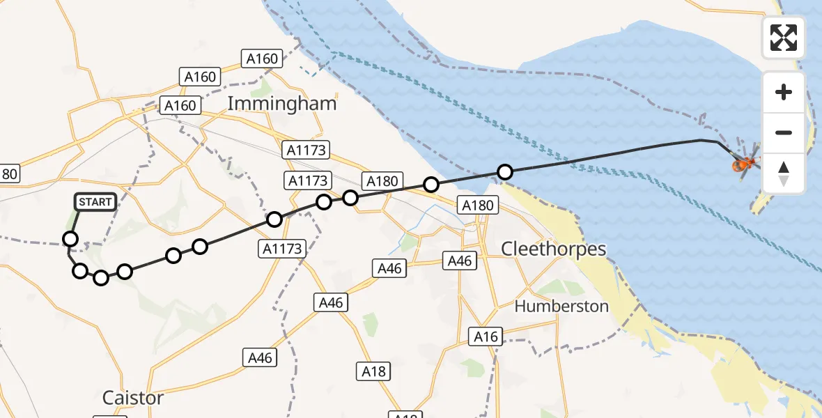 Flight route Coastguard Helicopter Humberside Airport - North Sea, 17 September 2026, 15:02