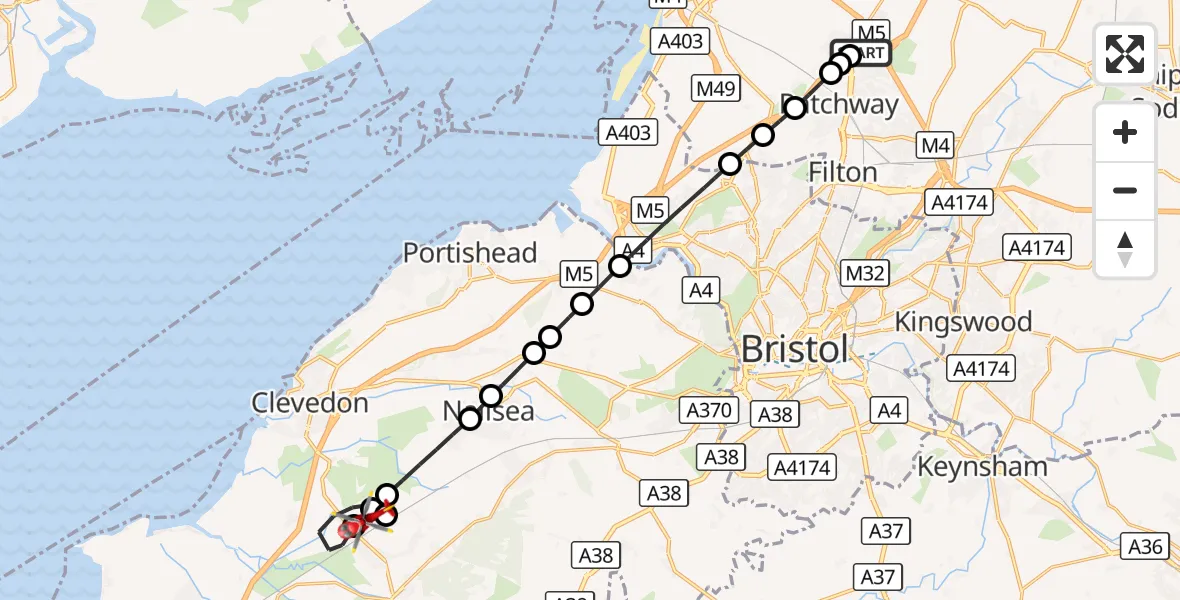 Flight route Air Ambulance Helicopter Almondsbury Helicopter Base - Yatton, 17 September 2026, 15:09