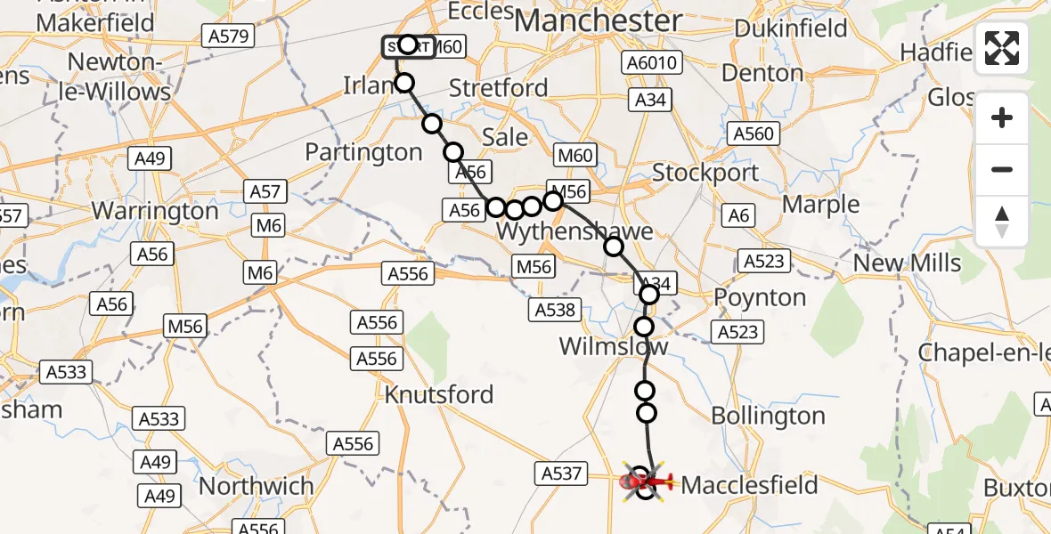 Flight route Air Ambulance Helicopter Manchester Barton Aerodrome - Over Alderley, 17 September 2026, 15:12