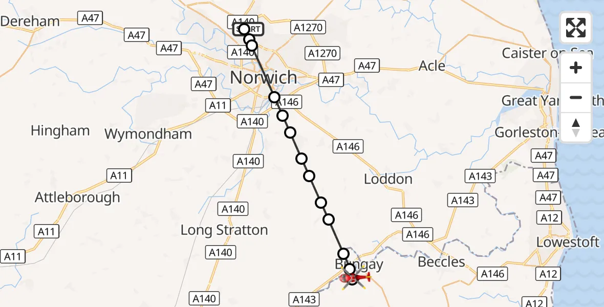 Flight route Air Ambulance Helicopter Norwich Airport - Bungay, 17 September 2026, 15:17