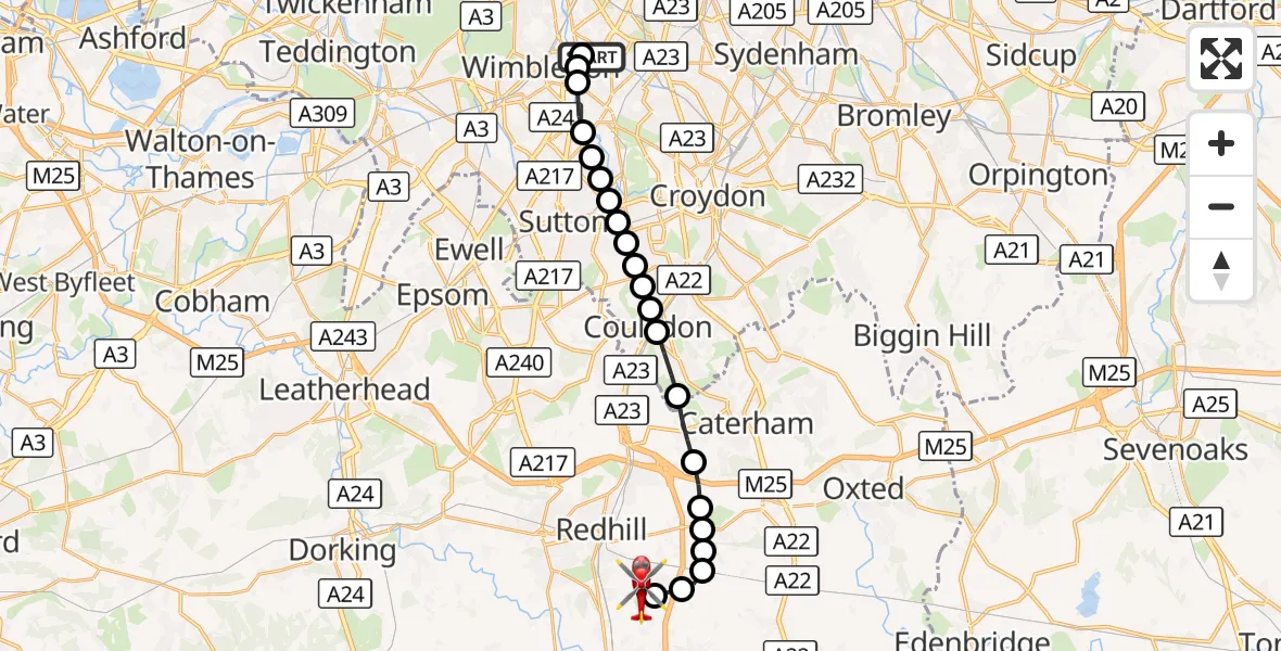 Flight route Air Ambulance Helicopter St Georges Hospital - Redhill Aerodrome, 17 September 2026, 15:23