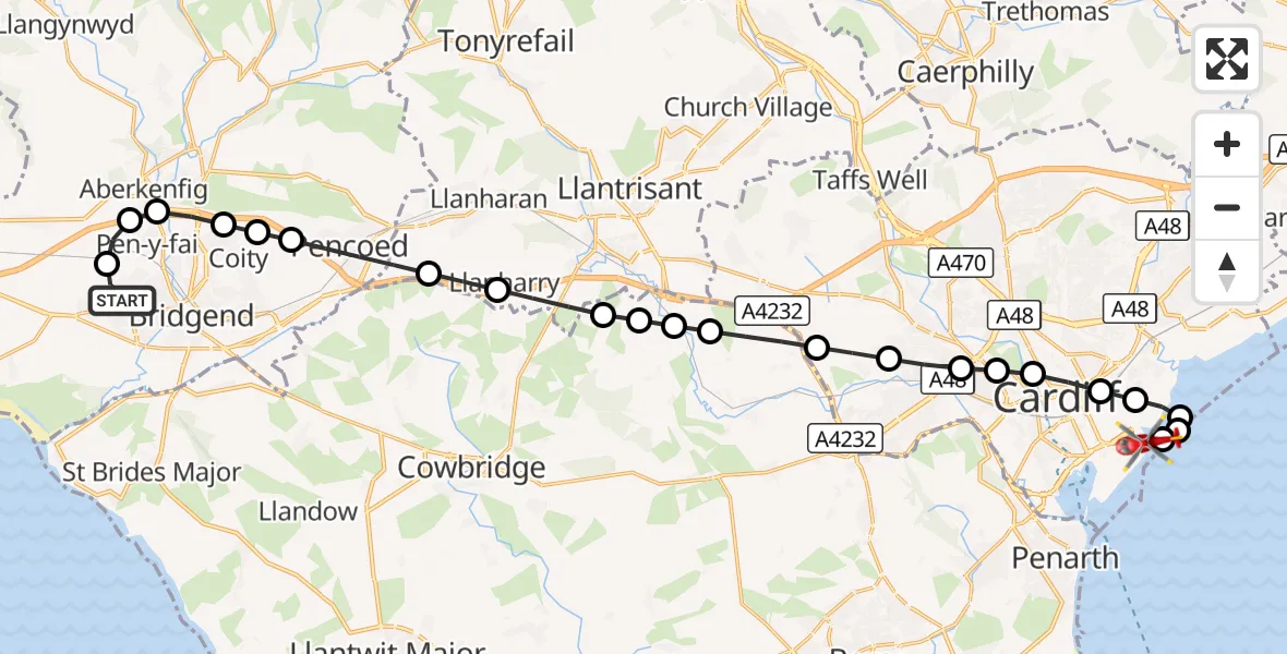 Flight route Air Ambulance Helicopter Bryntirion - Cardiff Heliport, 17 September 2026, 15:24