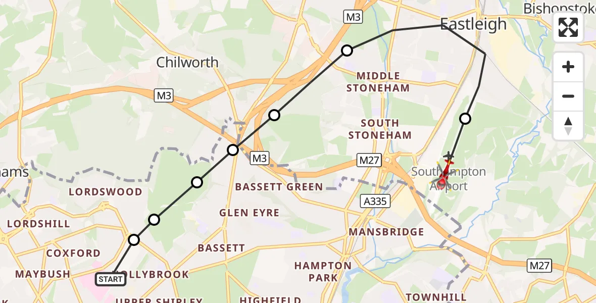 Flight route Air Ambulance Helicopter University Hospital Southampton - Southampton Airport, 17 September 2026, 15:31