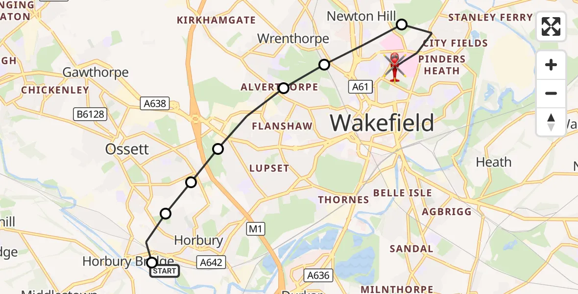 Flight route Air Ambulance Helicopter Horbury Bridge - Stanley, 17 September 2026, 15:34
