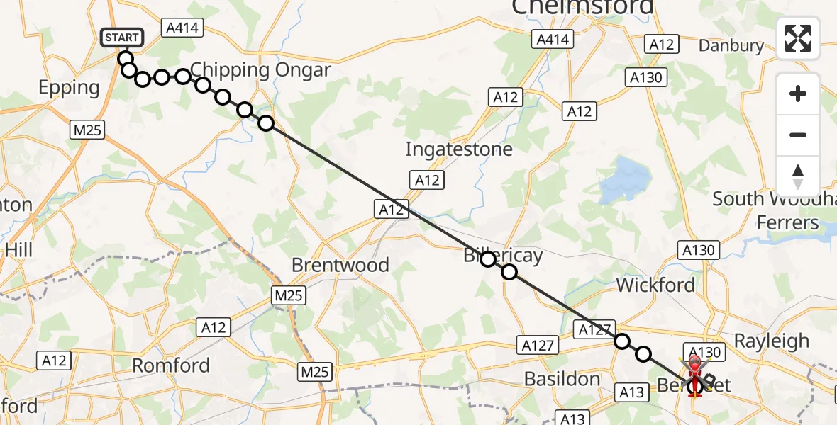 Flight route Air Ambulance Helicopter North Weald Airfield - Benfleet, 17 September 2026, 15:35