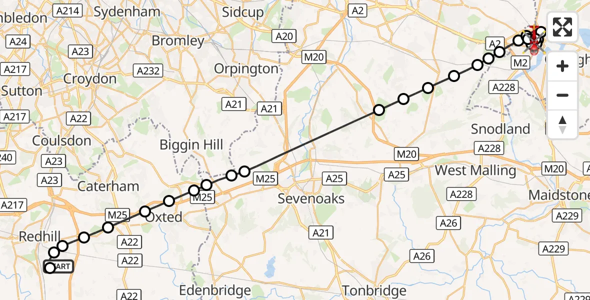 Flight route Air Ambulance Helicopter Redhill Aerodrome - Wainscott, 17 September 2026, 15:40
