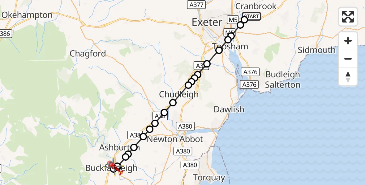 Flight route Air Ambulance Helicopter Exeter International Airport - South Hams, 17 September 2026, 15:47