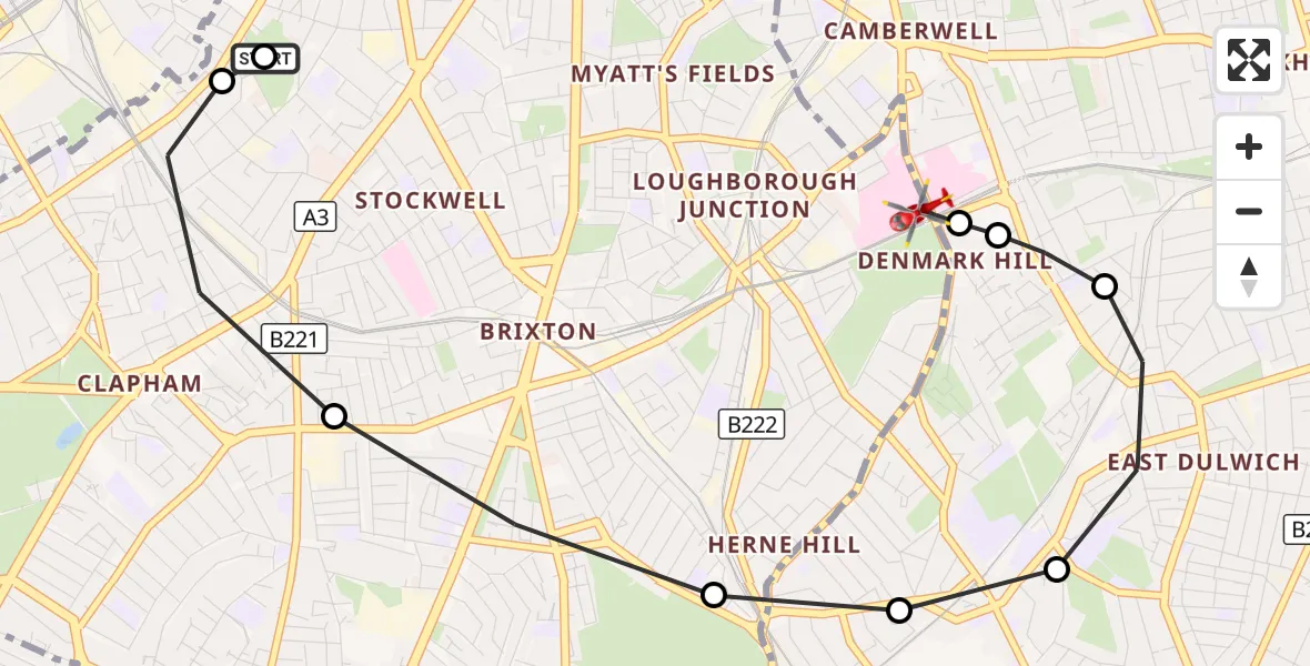 Flight route Air Ambulance Helicopter Stockwell - Kings College London Hospital, 17 September 2026, 16:00