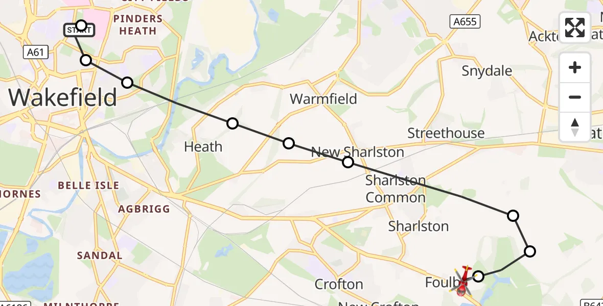 Flight route Air Ambulance Helicopter Newton Hill - YAA Nostell Helicopter Port, 17 September 2026, 16:01