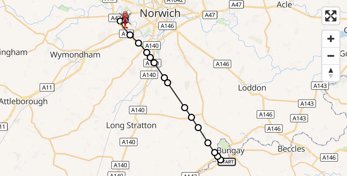 Flight route Air Ambulance Helicopter Bungay - Norfolk & Norwich Hospital, 17 September 2026, 16:06